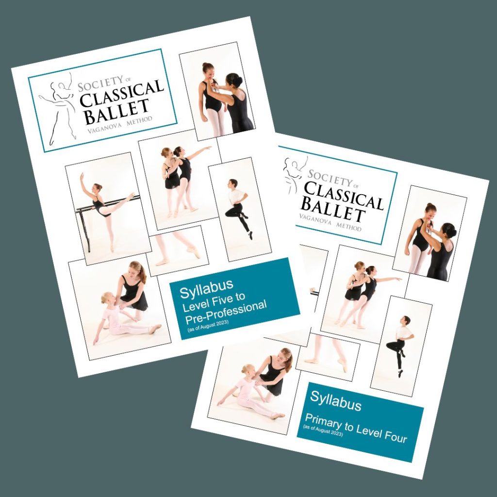Two syllabus covers for the Society of Classical Ballet. One is for Levels Primary to Four, and the other is for Levels Five to Pre-Professional. The covers are a collage of ballet students at various ages in poses. Several are photos of students being corrected by their instructors. 