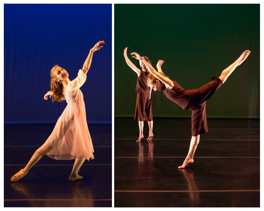 Collage of a dancer in two arabesque poses. The one on the left is in a deep lunge with leg closest to the viewer. The arm closest to the view is elegantly extending forward. The other arm is stretched sideways away from the camera. She is looking towards the viewer with a relaxed, pleasant expression. The photo on the right is the same dancer with the leg closest to the view in the air behind her at 90º. Her body is leaning forward horizontally with the arm closest to the view stretching forwards, as if completing the line of the leg. Her gaze is downward to the floor. She is standin on the ball of her foot on the supporting leg.