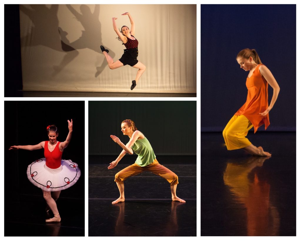 Photo collage of four dancers in bent knee positions to demonstrate the difference between funtion and form. Bottome left photo, the dancer is standing turned out on a bent knee on one leg. Top left photo: Dancer is leaping in the splits with both legs bent. Right side photo: Dancer is balanced on the tops of her feet with both knees bent and her knees lifted off the floor. Bottom centre photo: Dancer is in a wide sideways stance with both legs bent deeply turned out at the hip.