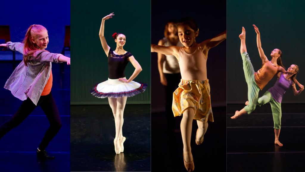Collage of four different dance styles from left to right: jazz, classical ballet, creative movement and modern dance partnering.