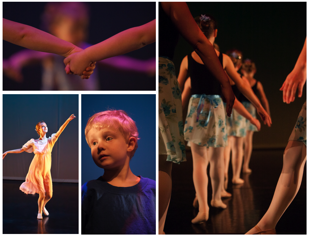 Collage of four photos from dance studio. Top left is of children holding hands. Bottom left of a solo dancer looking softly into the light with front arm raised. Centre bottom of a young boy with head turned to the right. Right side is the back view of a row of children in flowered chiffon skirts with arms angled softly downward.