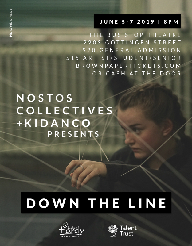 Crouching dancer with fingers enmeshed in a web of white strings looking frightening into the distance. KiDanCo poster for "Down The Line" by Anastasia Wiebe from June 2019 Spring Season.