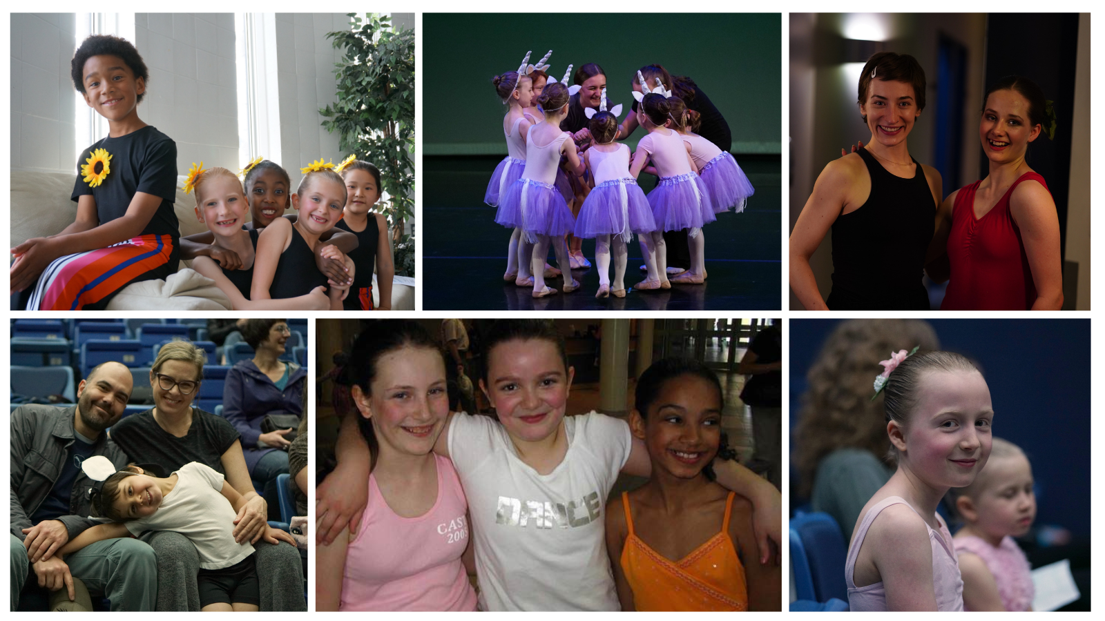 Collage of six candid photos of excited, smiling students and parents backstage at dance recital.