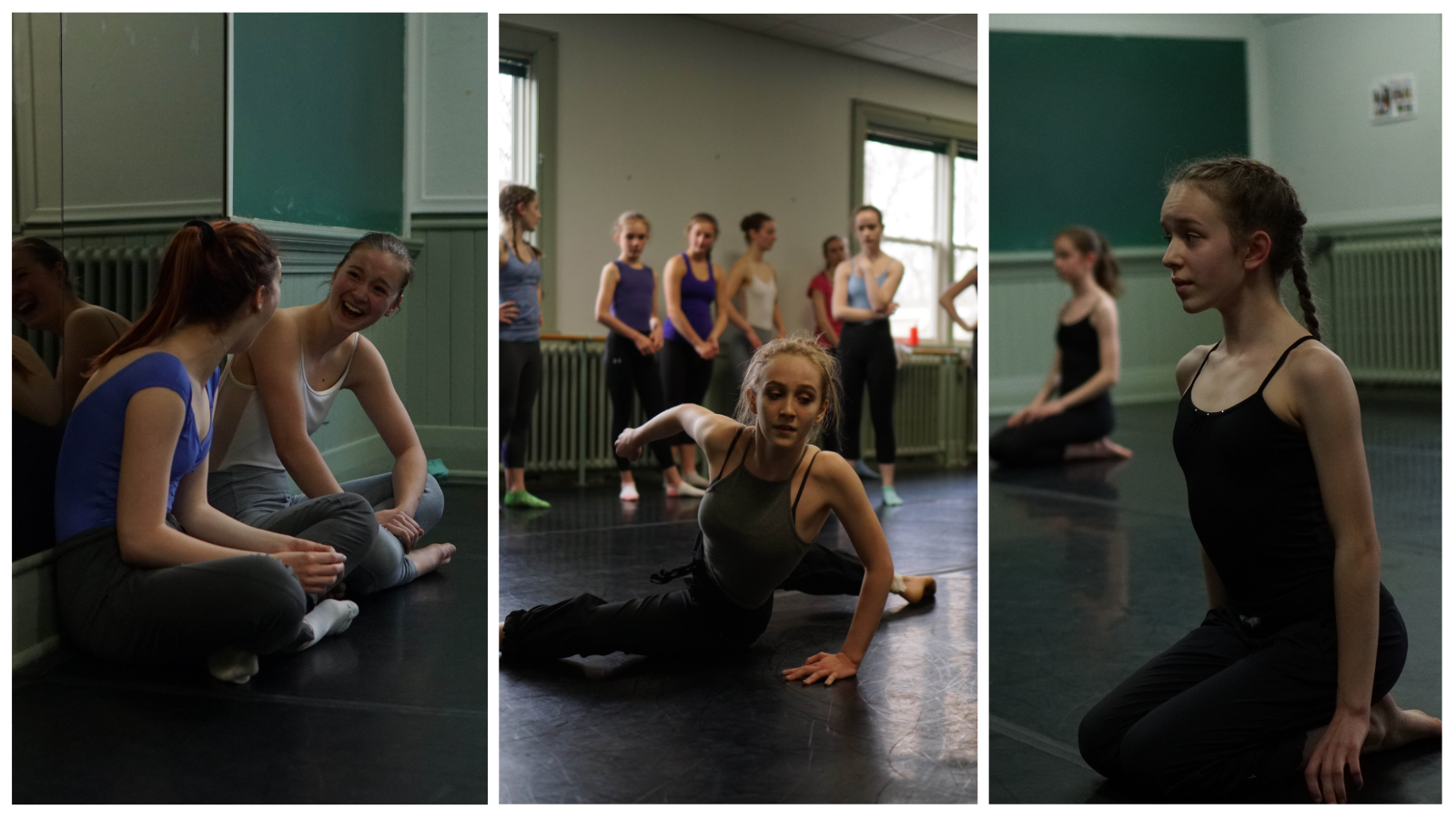 Collage of three photos of dancers in modern class. Left: two dancers seated at side of room laughing. Centre: Solo dancer sliding on floor towards camera with others watching out of focus in the background. Right: Dancer kneeling on shins hovering forward with an intent look on her face.
