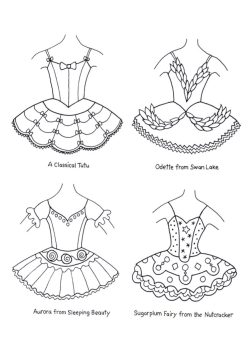 Cover of a colouring book about ballet costumes and positions. The cover is line drawings of four tutus in various feminine designs.