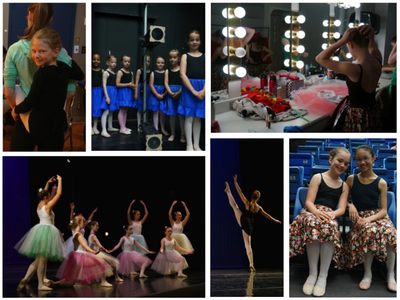 Collage of six photos showing backstage and on stage students at their annual dance recital.