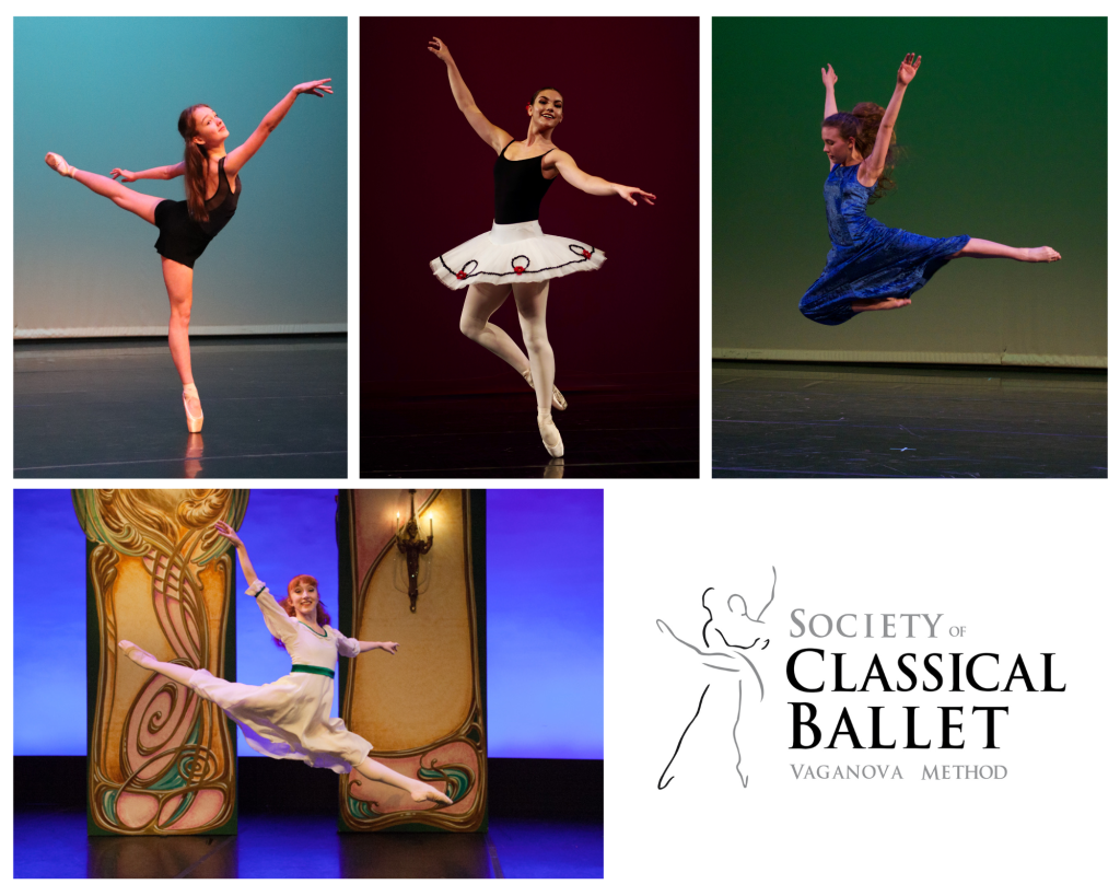Collage of four classical ballet dancers and Society of Classical Ballet Logo.