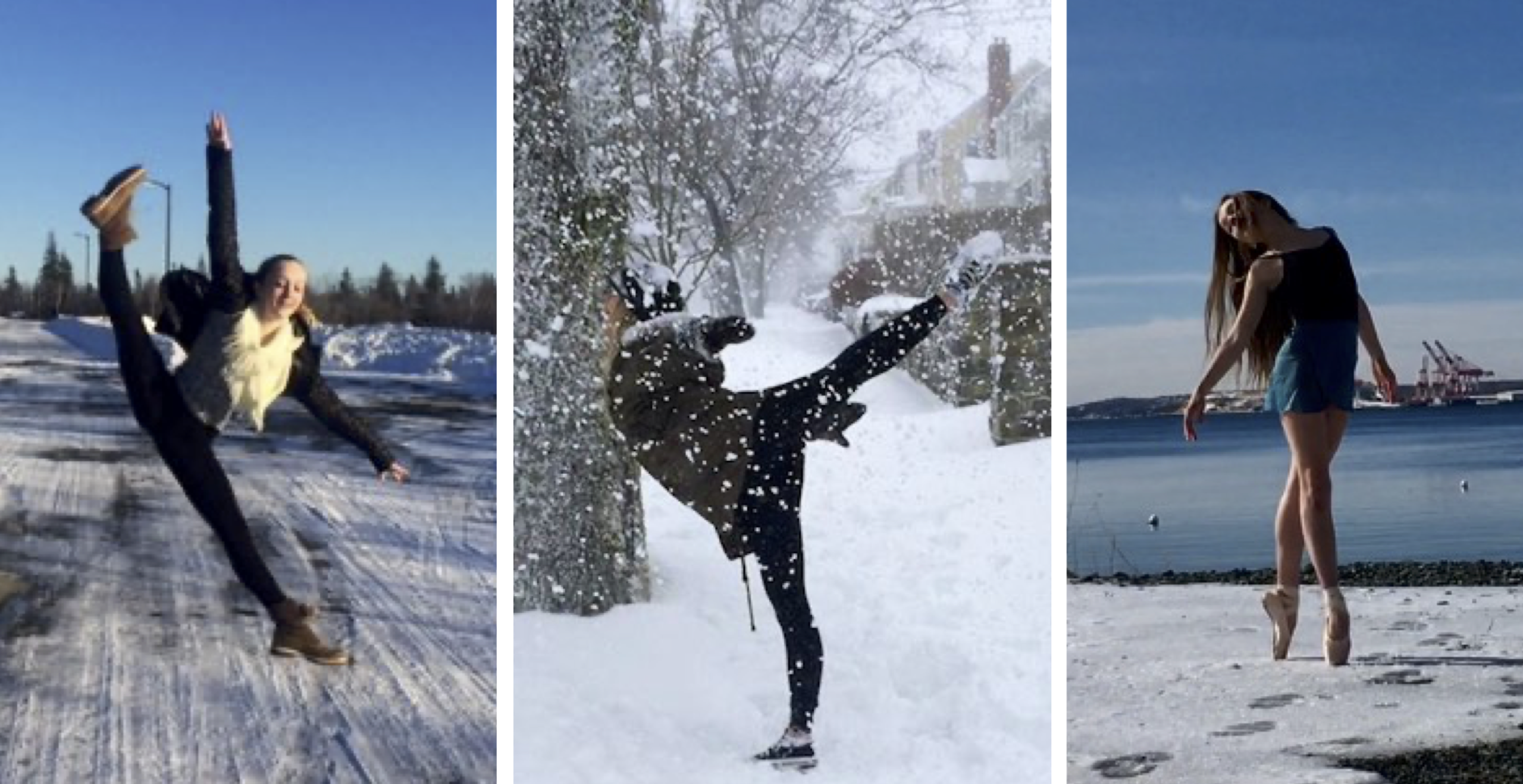 Collage of three photos of dancers in snow.