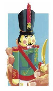 Illustration by Emma van Zeumeren of a toy nutcracker from Clara's Gifts; A retelling of the Nutcracker story.