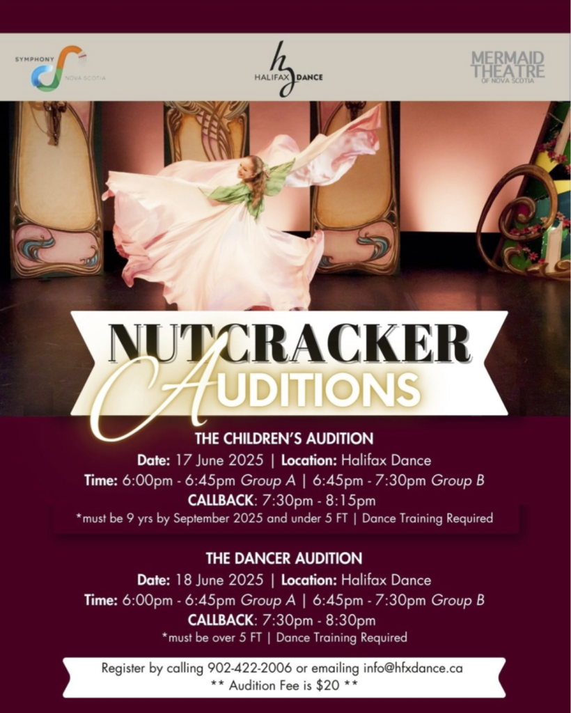 Audition information poster for the Nutcracker, produced by Symphony Nova Scotia, Mermaid Theatre and Halifax Dance. Choreographed & directed by Leica Hardy. Poster includes a photo of a solo dancer dressed in a billowing, circular costume. There are petals around her neck. The overall effect is a larger-than-life pink petunia.