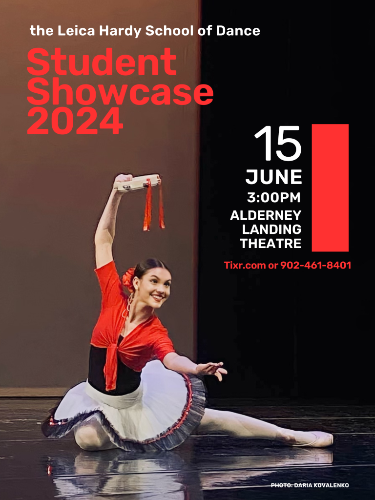 Student Showcase 2024 poster for the Leica Hardy School of Dance. A smiling dancer is sitting on a fully bent leg with the other leg stretched straight backwards. She is twisted at the waist with one arm outstretched towards the audience. The other arm is in a curve overhead holding a tambourine. She is dressed in a white tutu with black ruffle trim, a black leotard and red bolero top.