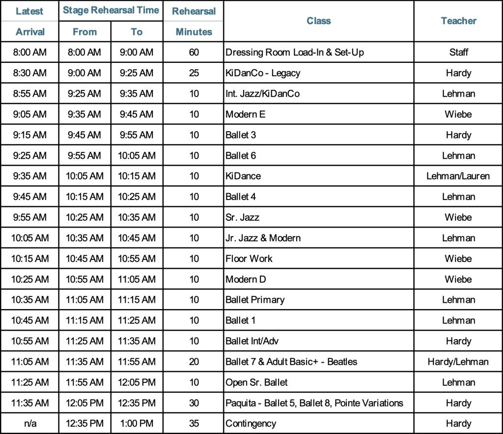 Dress rehearsal schedule for Student Showcae 2026 at the Leica Hardy School of Dance.