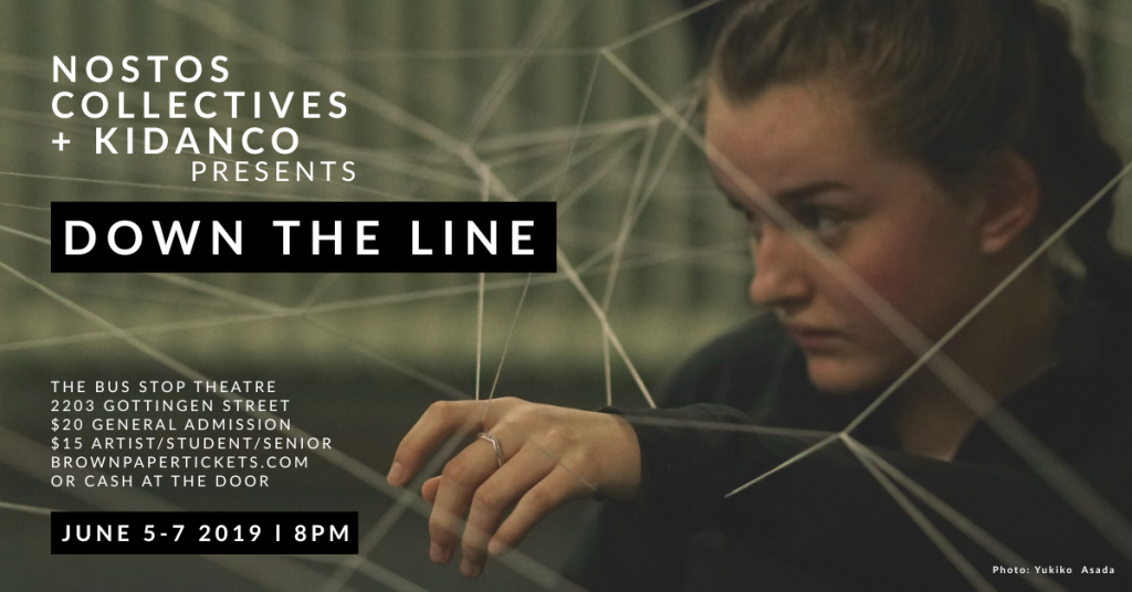 Crouching dancer with fingers enmeshed in a web of white strings looking frightening into the distance. KiDanCo poster for "Down The Line" by Anastasia Wiebe from June 2019 Spring Season.
