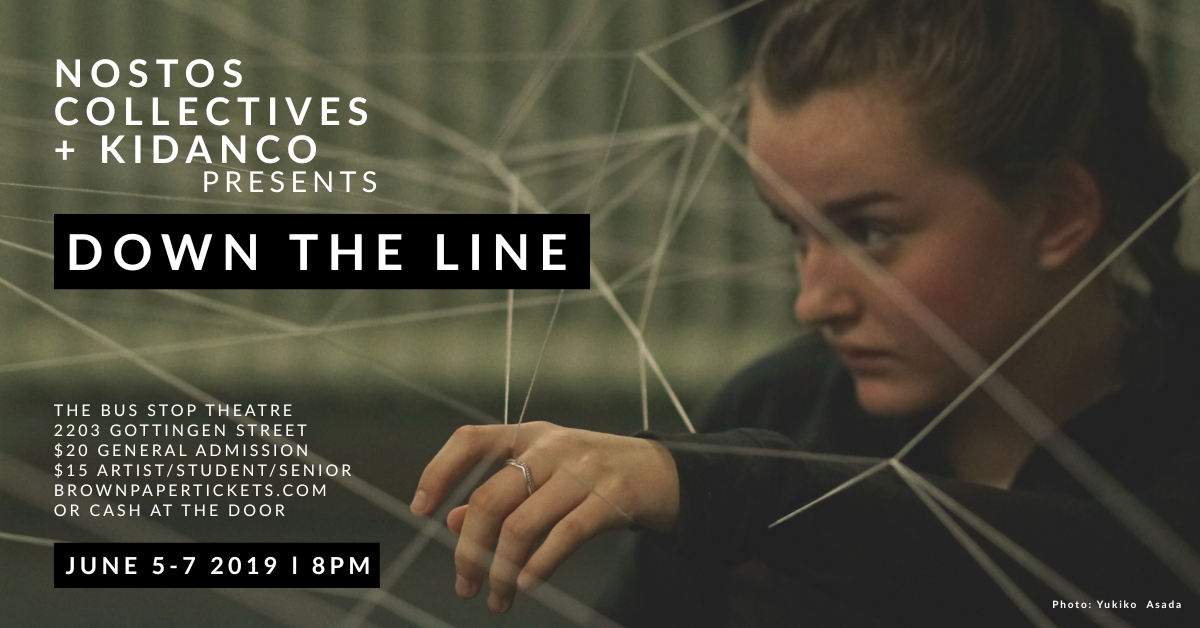 Crouching dancer with fingers enmeshed in a web of white strings looking frightening into the distance. KiDanCo poster for "Down The Line" by Anastasia Wiebe from June 2019 Spring Season.