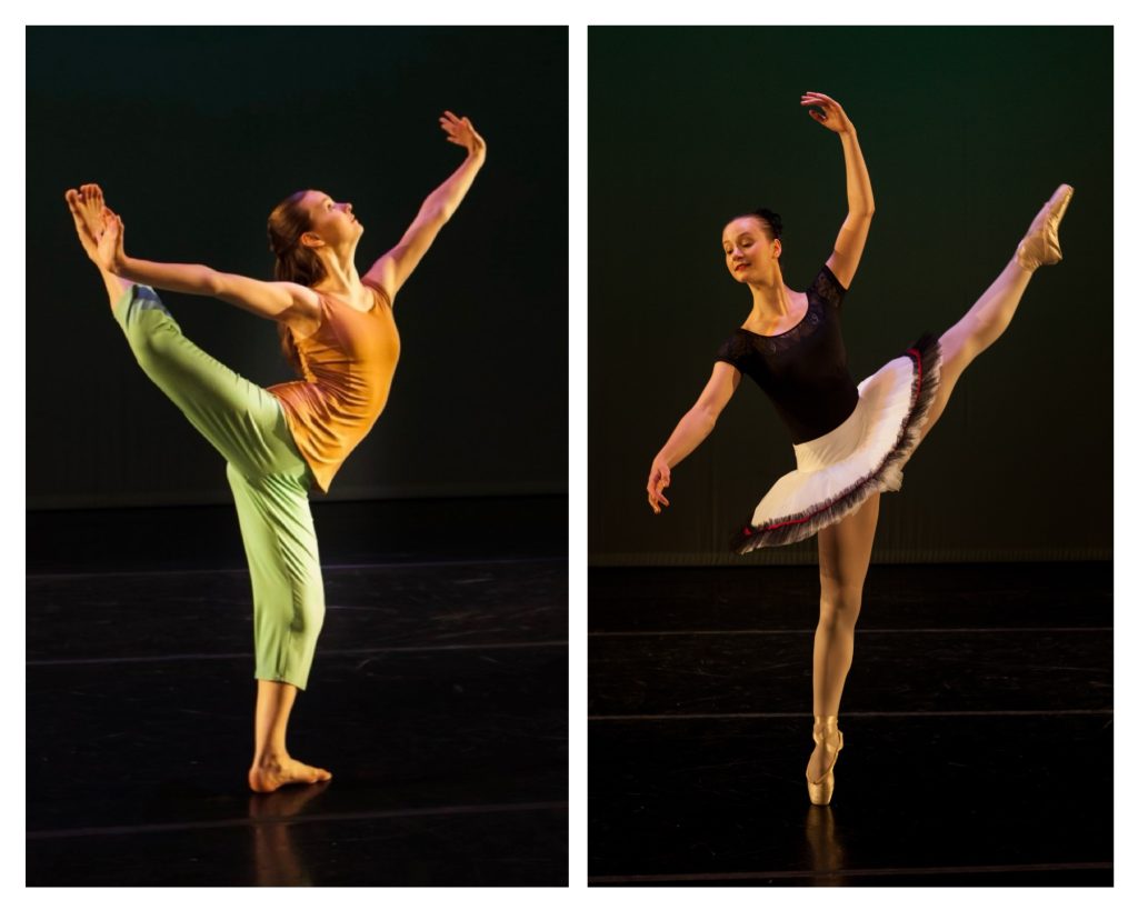 Photo collage of LHSD Alumna, Lucie Schmidt. In the left photo she is dancing barefooted in a modern dance style. She is standing on one leg bent at the knee. The other leg is extended backwards also bend at the knee. Here arms are stretched wide with hands flexed at the wrist. She is arching backwards looking at the ceiling. In the right photo she performs classical ballet. She is on pointe on her right leg with the left leg extended to head height diagonally to the side. One arm is overhead in a curve and the other arm is sideways on a downward diagonal. Her body is slightly tilted sidesways towards the downward arm.