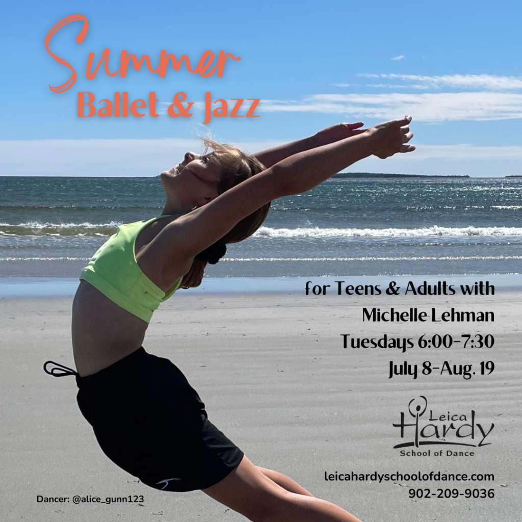 Poster for summer 2025 classes at LHSD. Photo of dancer jumping  towards the sky on a beach. She is arching backwards with her arms in a circle overhead. 