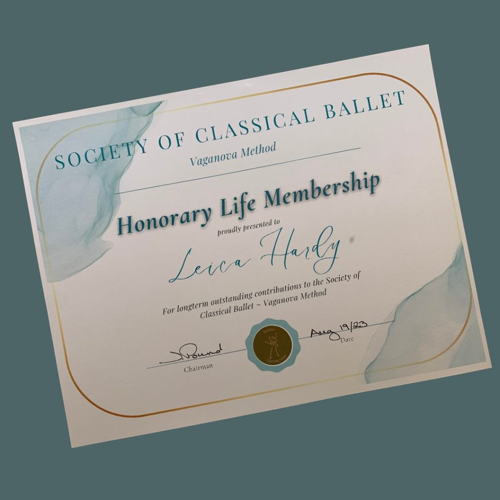 A certificate awarding Leica Hardy Honorary Life Membership with the Society of Classical Ballet.