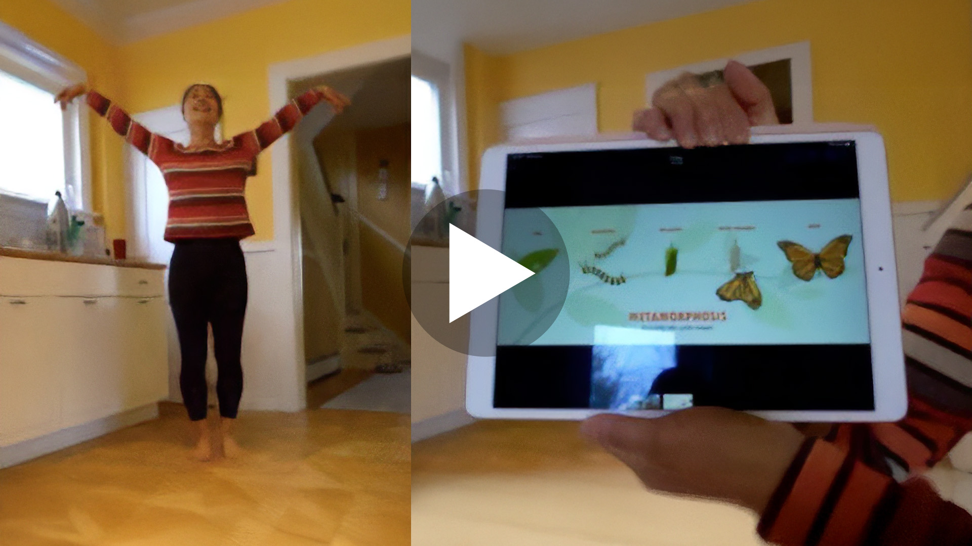 Collage of two photos of a dance instructor leading a mime teaching children about the stages of metamorphosis.