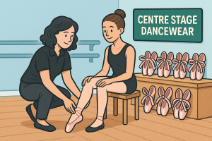 Cartoon of a dancer being fit into pointe shoes at the studio. 