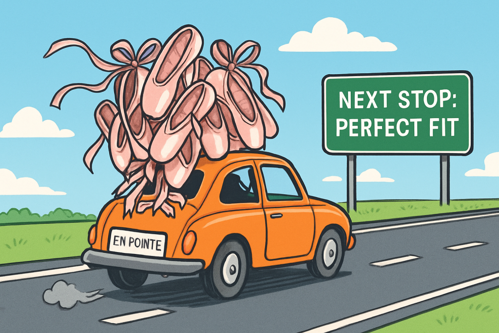Cartoon illustration of a car loaded with pink pointe shoes driving to Leica Hardy School of Dance in Halifax/Dartmouth for a ballet shoe fitting event.