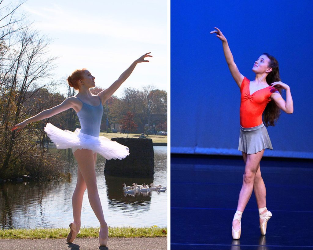 Side-by-side photos of two ballet dancers en pointe. On the left, a dancer in a light blue leotard and white tutu performs outdoors near a pond with geese, extending one arm upward. On the right, a dancer in a red leotard and grey skirt performs onstage against a blue backdrop, also reaching one arm overhead.