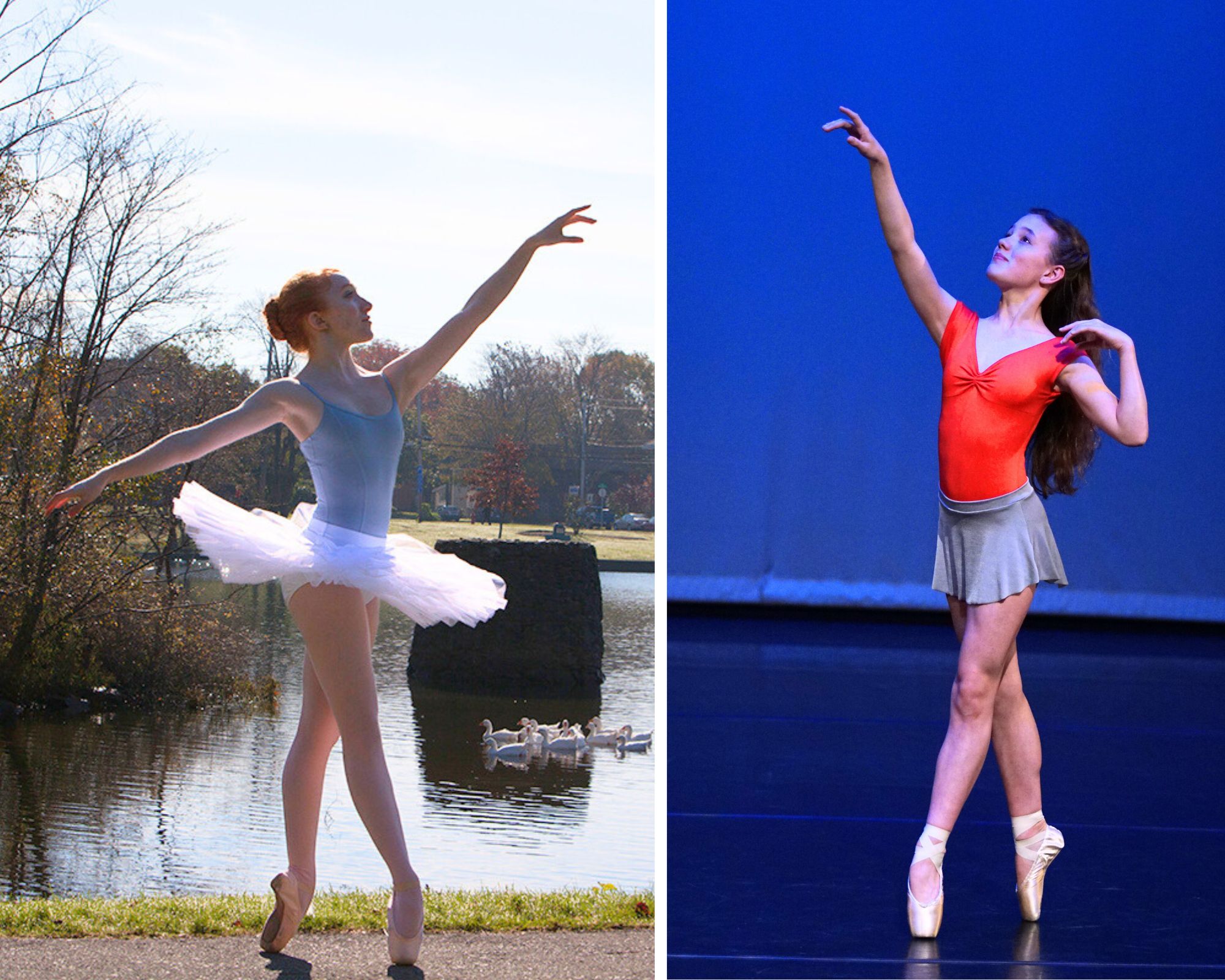 Side-by-side photos of two ballet dancers en pointe. On the left, a dancer in a light blue leotard and white tutu performs outdoors near a pond with geese, extending one arm upward. On the right, a dancer in a red leotard and grey skirt performs onstage against a blue backdrop, also reaching one arm overhead.
