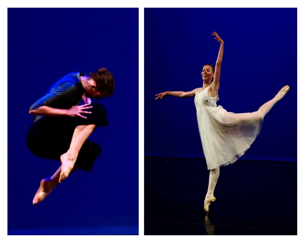 Collage of two dance photos of LHSD alumna Lara Frame performing onstage. On the left, she is mid-jump in a modern piece wearing black pants and a blue top. On the right, she dances a classical ballet in a white dress and pointe shoes, extending one leg high behind her in an attitude derrière.
