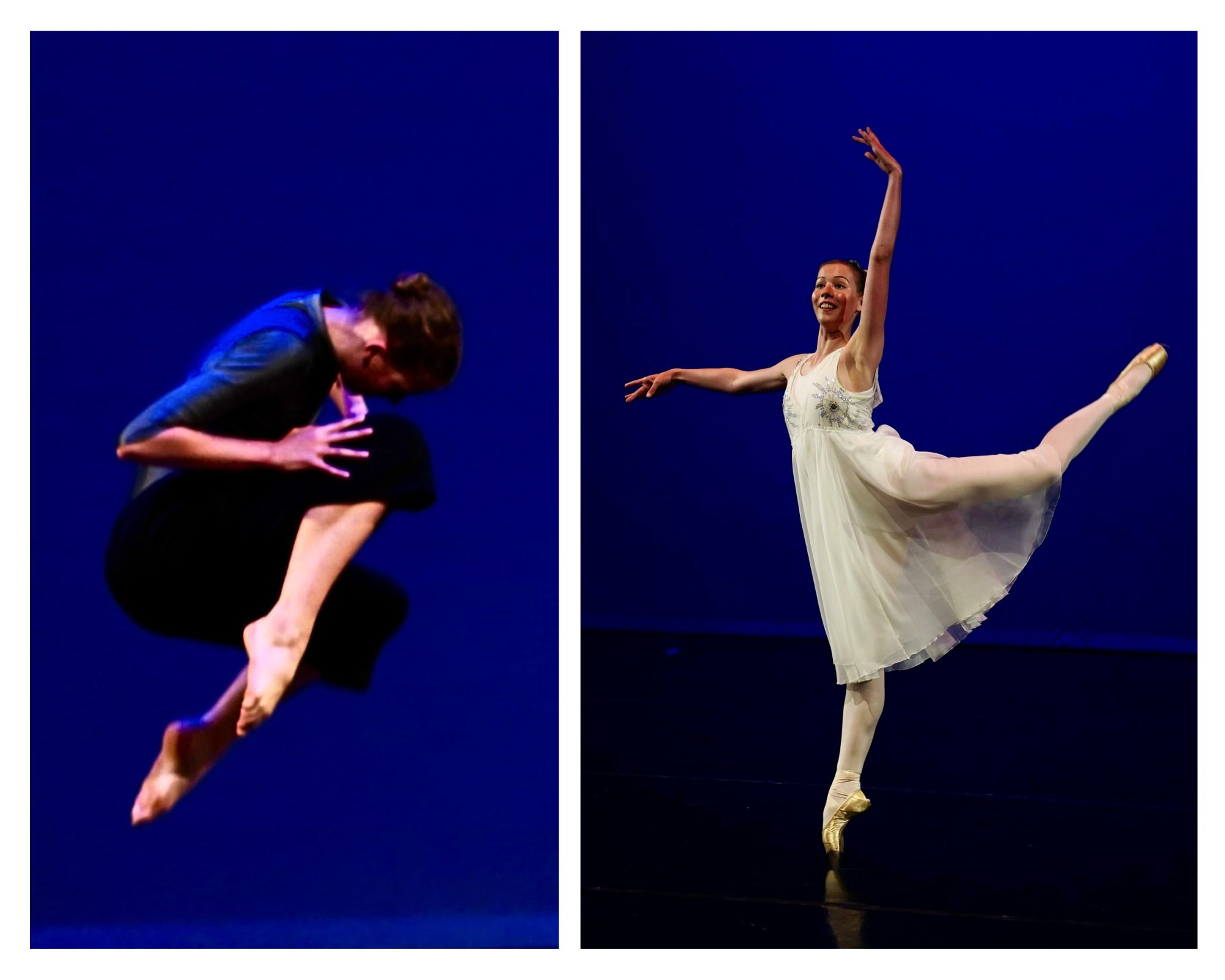 Collage of two dance photos of LHSD alumna Lara Frame performing onstage. On the left, she is mid-jump in a modern piece wearing black pants and a blue top. On the right, she dances a classical ballet in a white dress and pointe shoes, extending one leg high behind her in an attitude derrière.