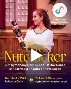 Poster featuring a festive Nutcracker soldier in traditional red and gold attire, surrounded by holiday-themed graphics and promotional text for a Nutcracker performance.