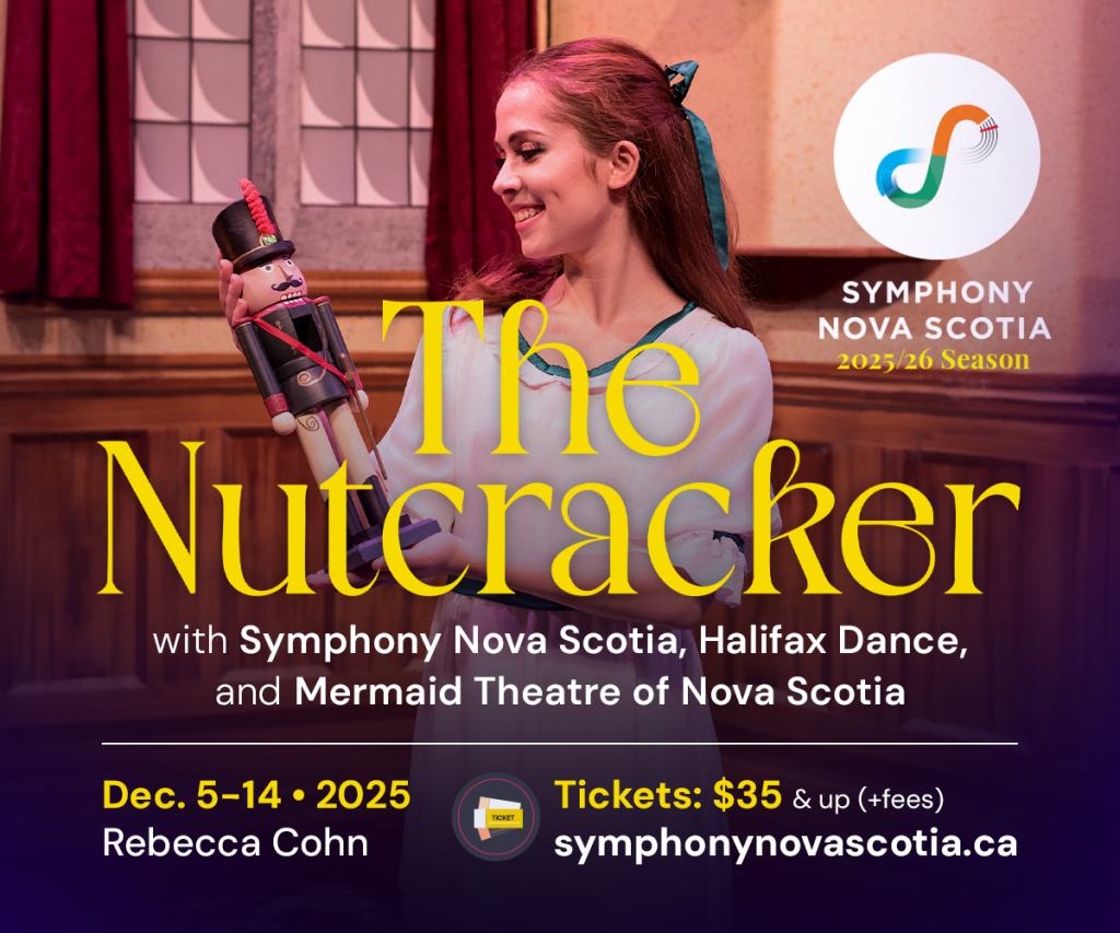 Poster featuring a festive Nutcracker soldier in traditional red and gold attire, surrounded by holiday-themed graphics and promotional text for a Nutcracker performance.