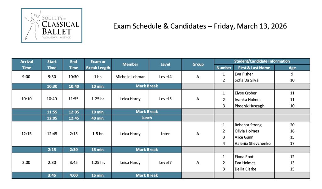 Friday, March 13, 2026 ballet exam schedule for the Leica Hardy School of Dance. 