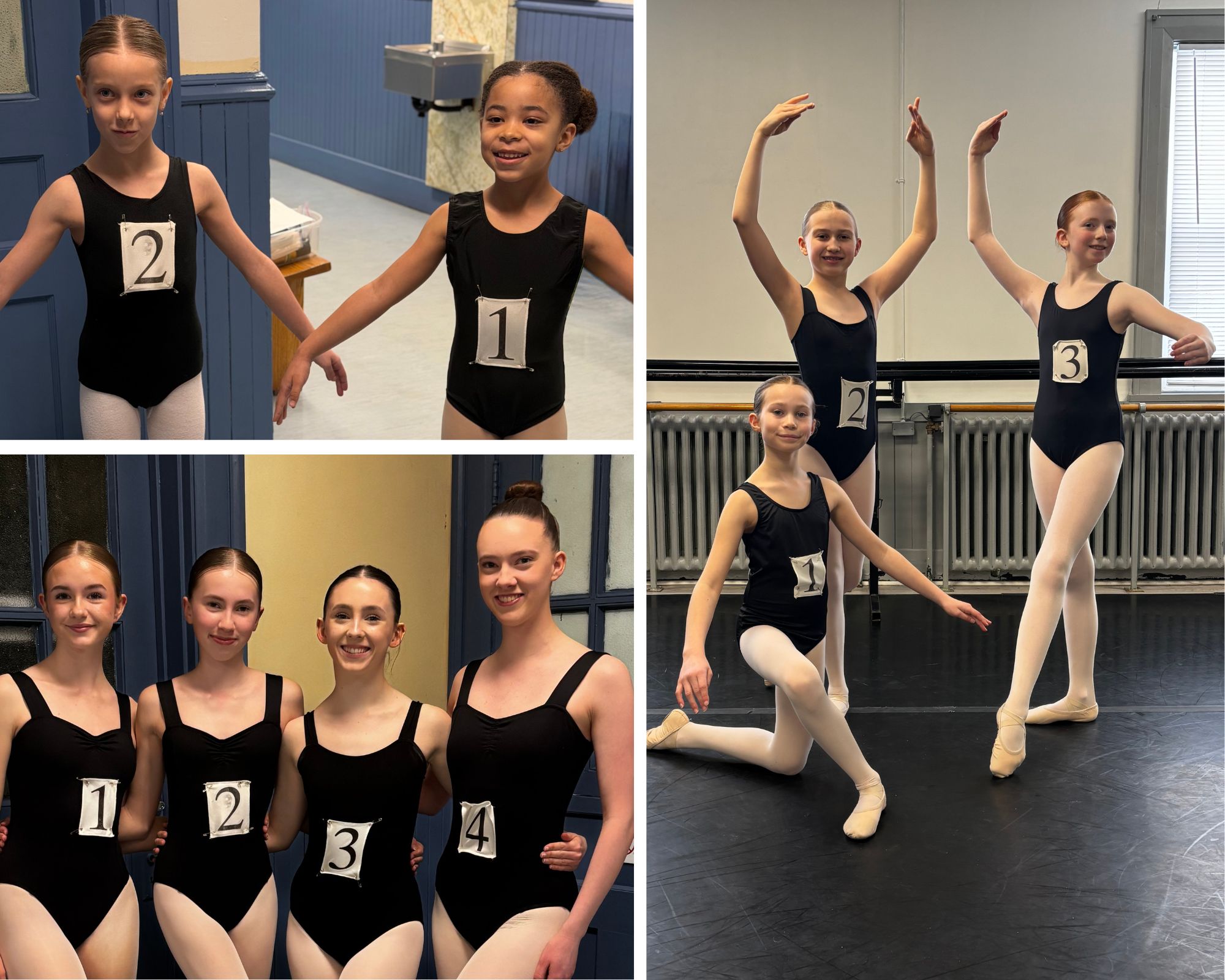 Photo collage Ballet 1, Ballet 5 and Ballet 8 on their exam day at the Leica Hardy School of Dance.