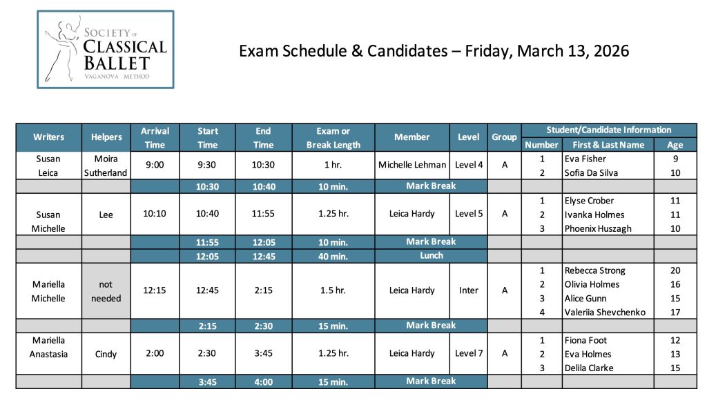 Leica Hardy School of Dance ballet exam schedule for Friday, March 13, 2026.