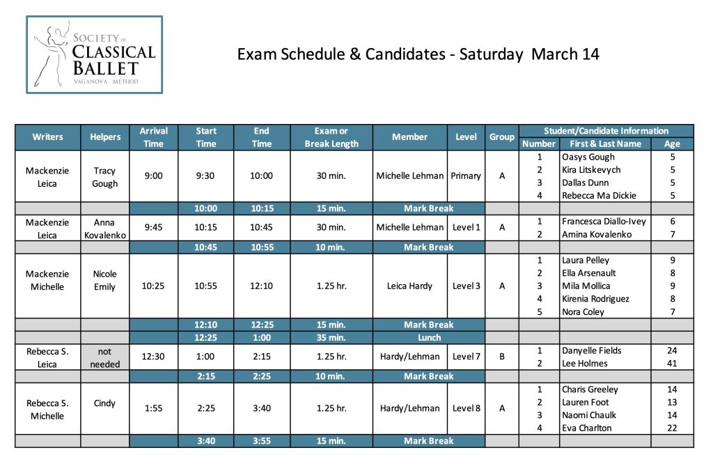 Leica Hardy School of Dance ballet exam schedule for Saturday, March 14, 2026.