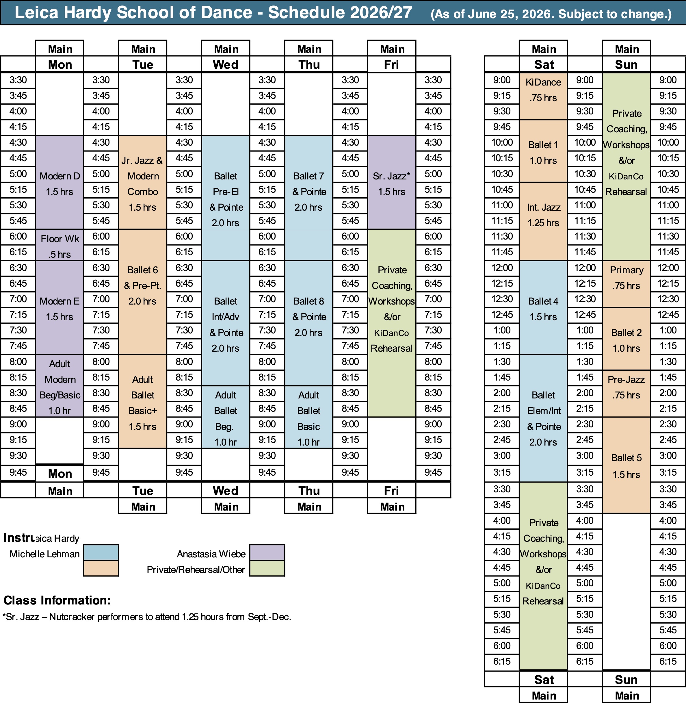 List of classes offered by the Leica Hardy School of  Dance for the 2026/27 academic year in grid format.