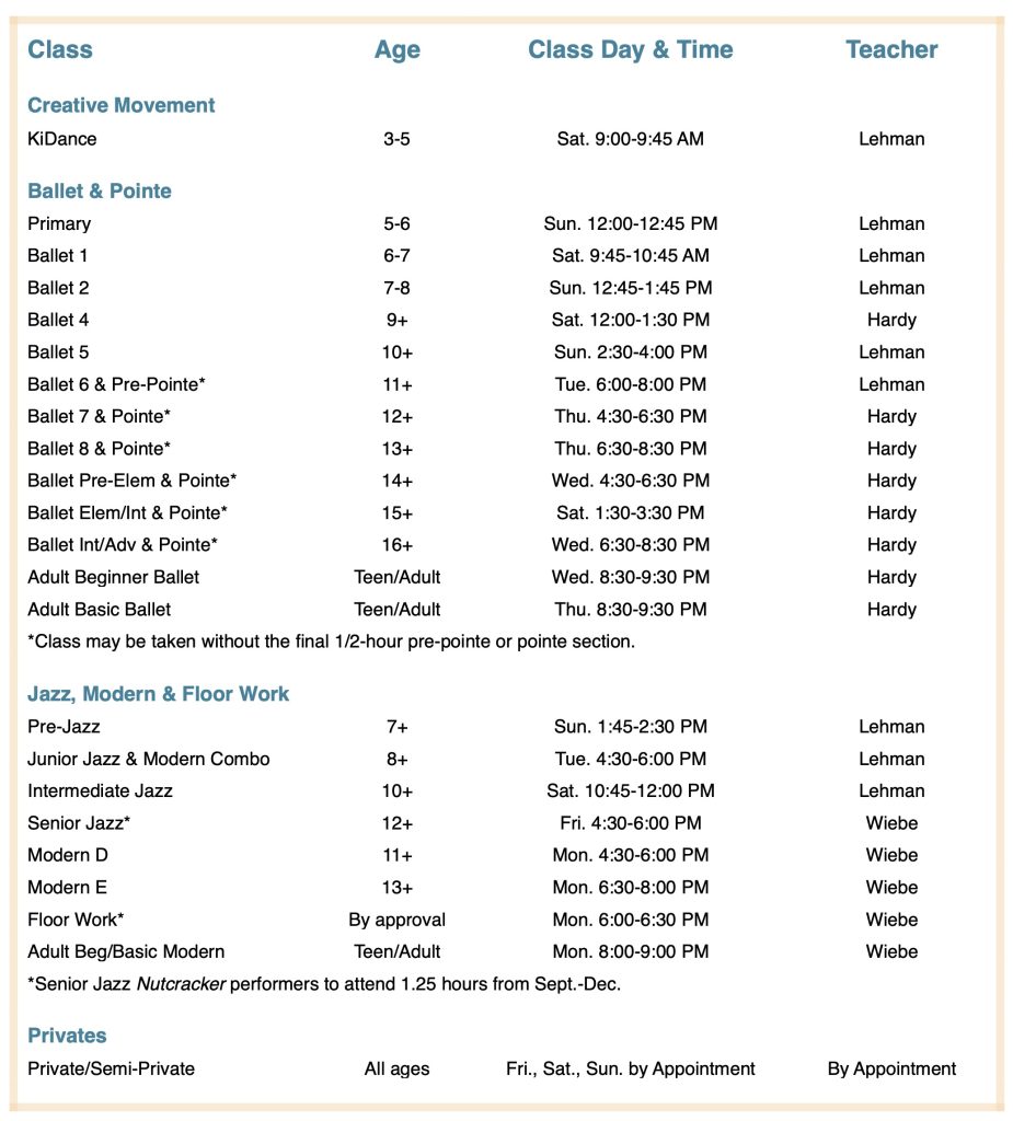 Class Schedule 2026/27 at LHSD - list format