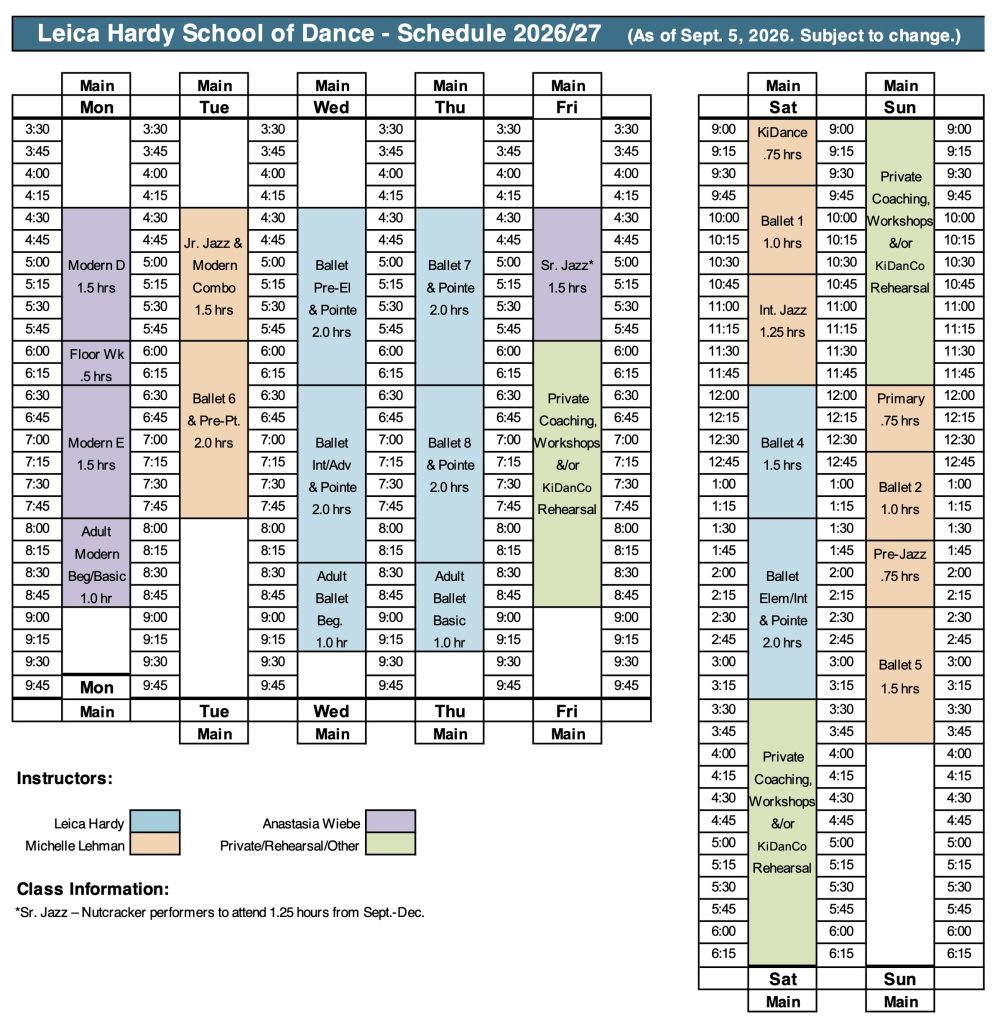 Chart of 2026/27 classes at the Leica Hardy School of Dance.